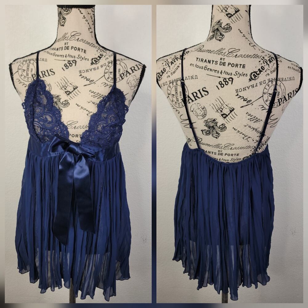Victorias Secret Babydoll Mini Dress Top SZ M Sheer Navy Blue Layer Whimsygoth